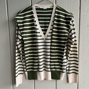 Veronica Beard Leni Striped Tie Sweater Army Green and White Size S